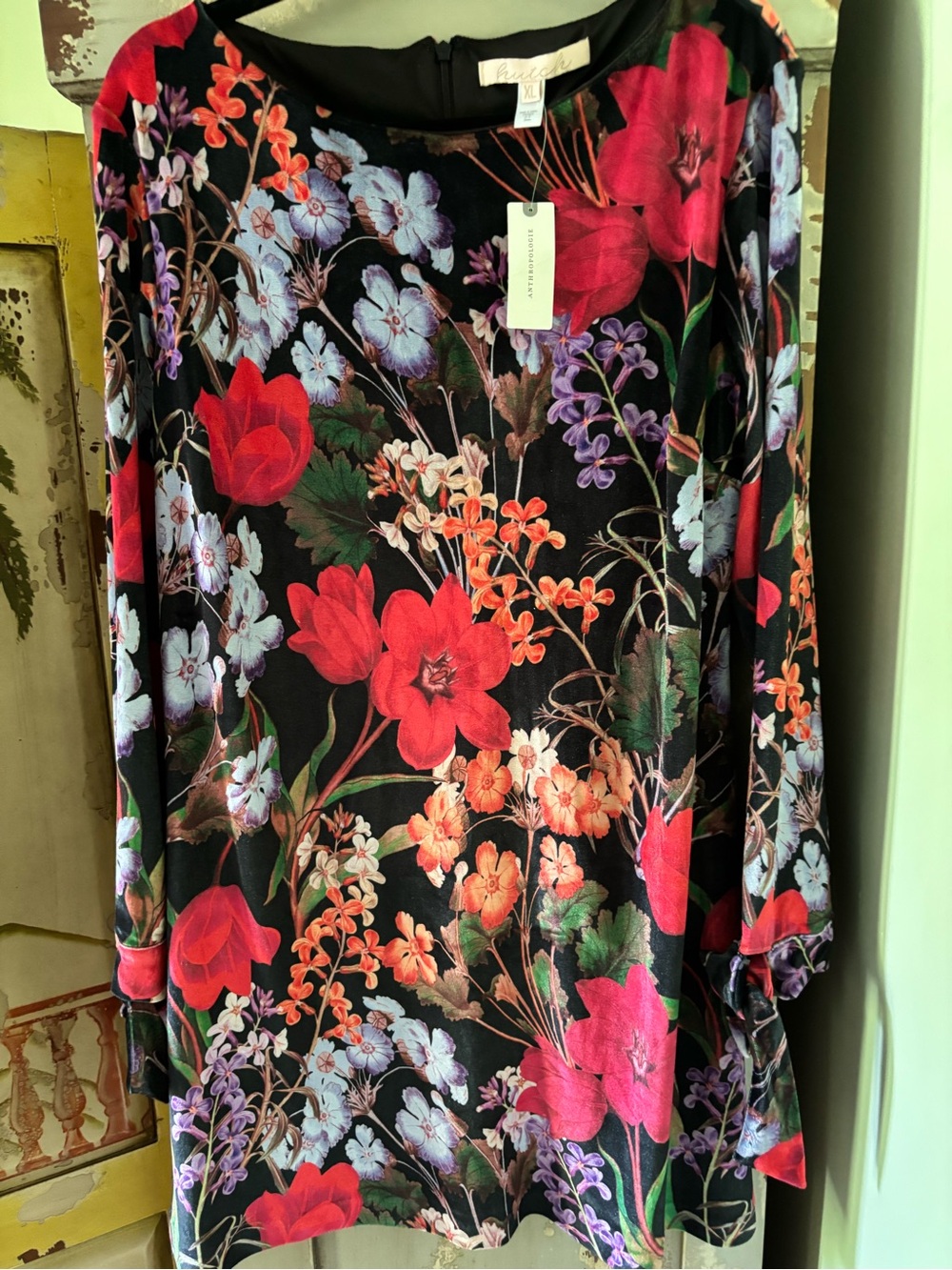 Hutch Black Floral velvet  Mini Dress with Red, Purple, Pink Flowers